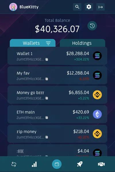 A crypto portfolio dashboard showing total balance across multiple wallets.